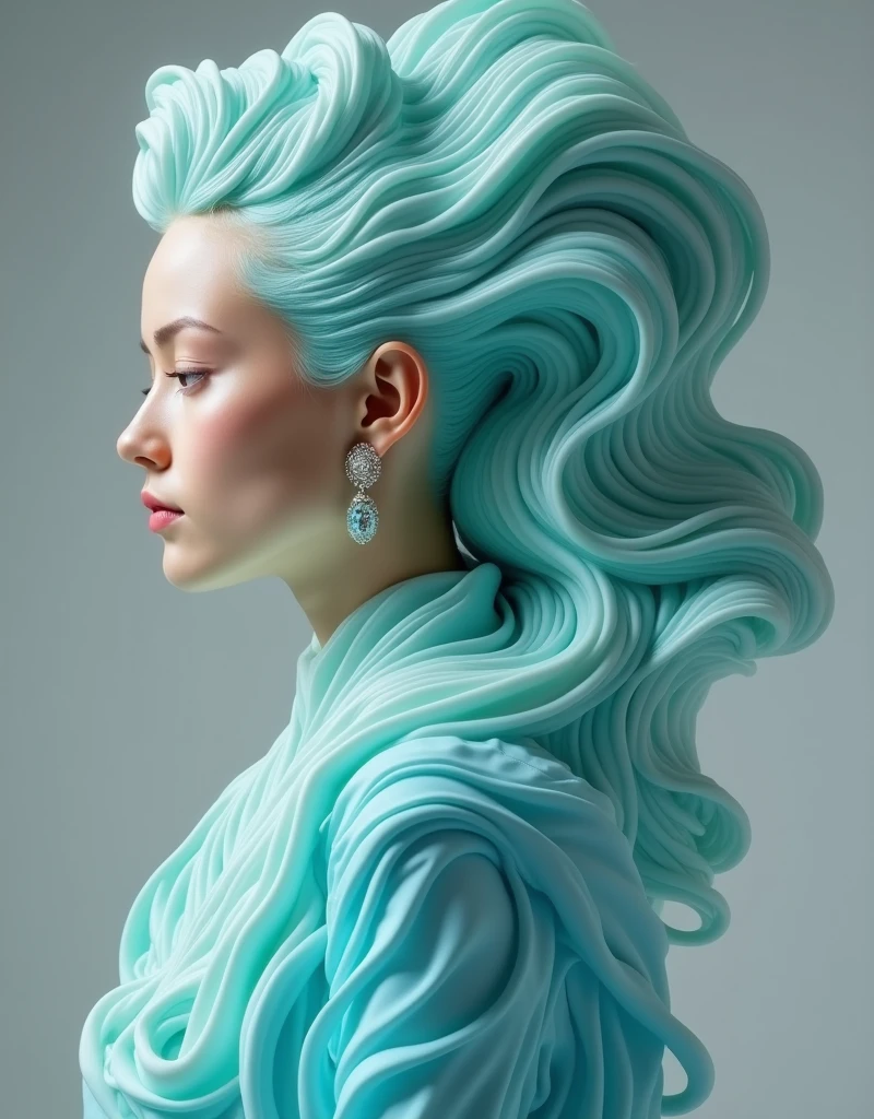 an image of a person with a flowing, sculptural hairstyle and garment that echo the movement of water. The hair and attire should be crafted with smooth, swirling patterns that extend and blend into each other, in a seamless and organic fashion. The color scheme should be a gradient of turquoise to aquamarine, set against a neutral gray background to emphasize the subject. The subject's pose should be elegant and poised, with a profile view showcasing refined features and a calm, contemplative expression. Add a detailed, ornate earring to the subject to bring an additional element of sophistication. The lighting should cast soft shadows to define the swirling forms, creating a luxurious and modern aesthetic."
