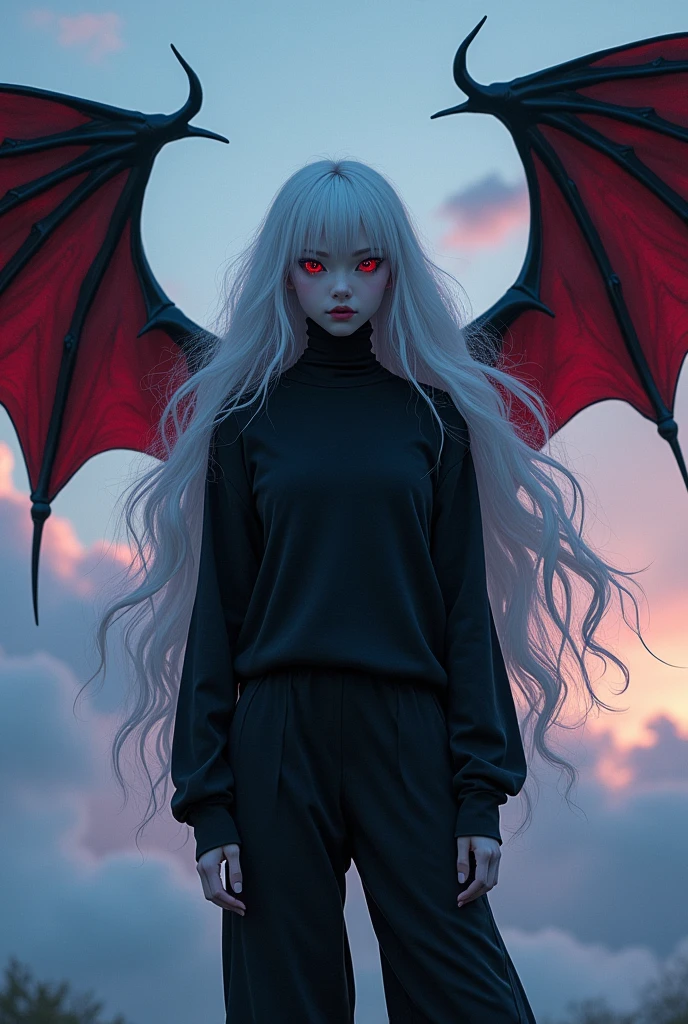 Character's Name: Kizuro
Age:
Height: 1 meter and 75 centimeters
Weight: 60kg
Skin color: Pale
Eye color and shape: Sharp red eyes with slight eyeliner on the corner
Hair color and format: White hair that reaches down to the feet and is parted in a fringe that covers her left eye
Extremely feminine face
Black bat wings with red interior on the back
Clothing: Kizuro wears a long-sleeved black blouse with a turtleneck, a black sweatshirt on top, slightly loose black pants that go all the way down, but don't go past the black sneakers with black soles and laces