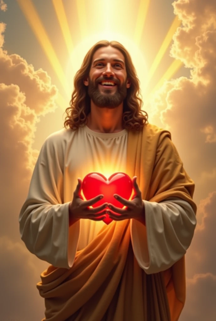 Wonderful Jesus Christ with a smile on his face, holding a red heart in his hands