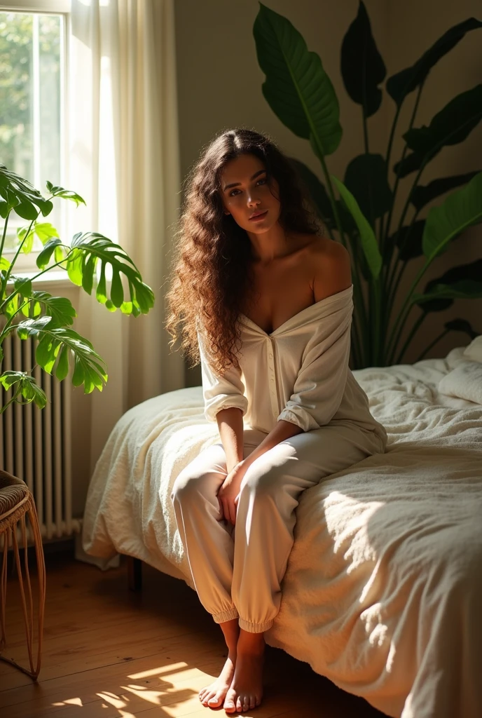 (photorealism:1.2), beautiful woman, sitting on bed, wearing loose off-shoulder top, pajama pants, long curly hair, indoors, soft lighting, plants in background, window with sunlight, cozy room, relaxed pose, realistic, intricate details, warm colors, by Greg Rutkowski, by Alphonse Mucha, nude
