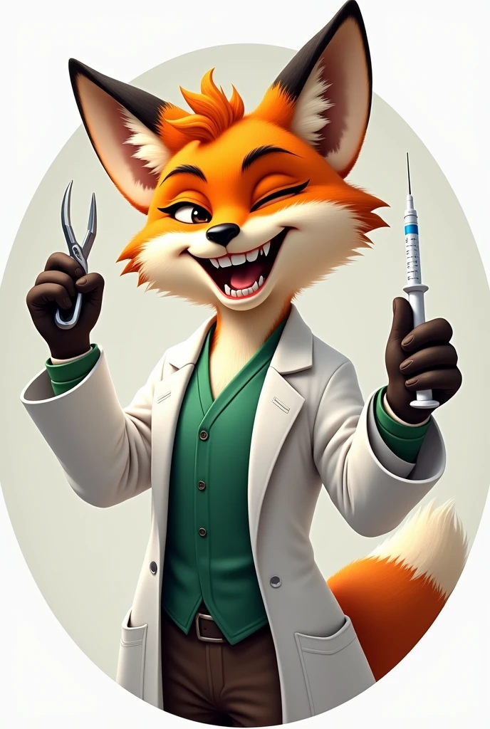 Create an image of a humanized fox Robin Hood showing his teeth wearing a lab coat showing half his body holding a dentist's pliers in one hand and an anesthetic syringe in the other without background inside a circle
