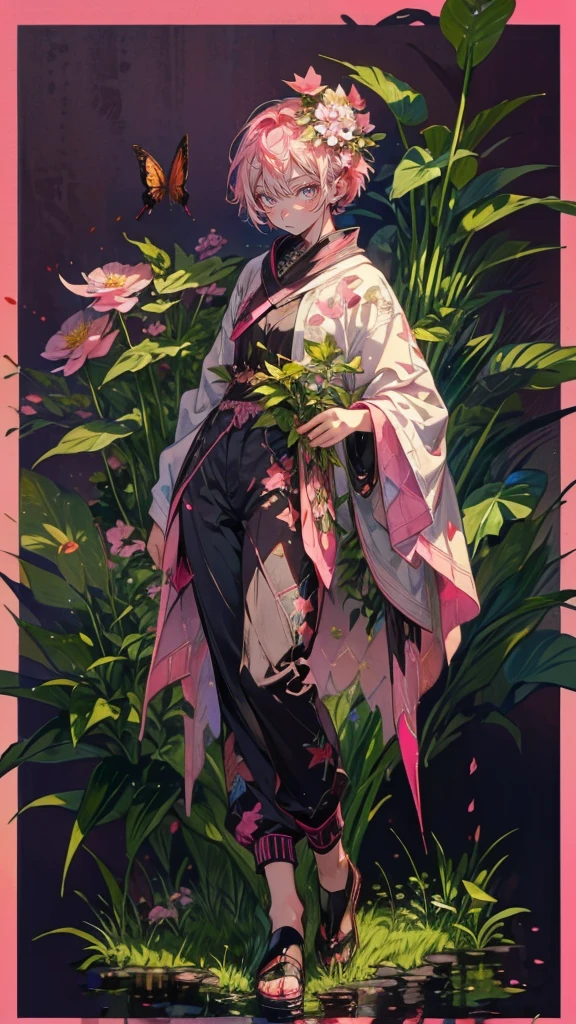 (masterpiece), (Highest quality), Very detailed, (1 person:1.5), (Full body solo shot:1.4), Perfect Face, beautiful少年, Very detailedな顔,(Pink hair, short cut:1.5),(Red eyes:1.4),(pants:1.4)、(Lots of butterflies々:1.4)、bird、(Remains、plant、flower:1.4)、Fairy、mysterious、Fantasy、beautiful、beautiful、(Close your eyes and smile:1.3)、(smile:1.4)、大きなsmile