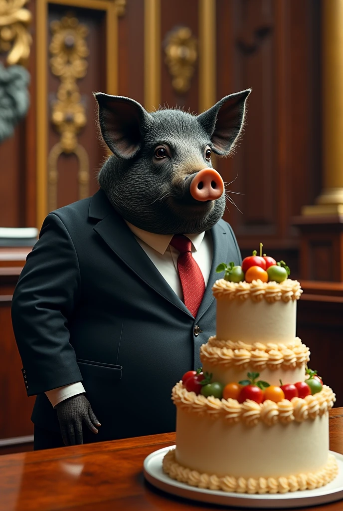 Angry and corrupt black pig in a formal suit looking at a cake and wanting to eat it, but they don't eat, all inside the Guatemalan congress