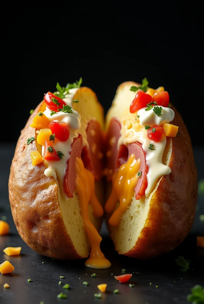 Create a realistic image of a stuffed potato on a black background. The big potato should be cut in half and stuffed with melted mozzarella cheese, ham, and for pairing cream cheese and cheddar, chopped tomatoes and oregano. The image should highlight the complete and appetizing meal, with a focus on the juiciness of the potato and. Use soft lighting to highlight the textures and shine of the ingredients without causing unwanted reflections.
Focus: Make sure the potato and the main ingredients are in focus and with sharp details.
Presentation: Make sure the potato looks fresh and juicy, with a presentation that catches the eye and arouses the desire to eat.