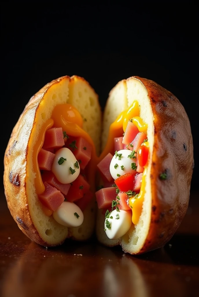Create a realistic image of a stuffed potato on a black background. The big potato should be cut in half and stuffed with melted mozzarella cheese, ham, and for pairing cream cheese and cheddar, chopped tomatoes and oregano. The image should highlight the complete and appetizing meal, with a focus on the juiciness of the potato and. Use soft lighting to highlight the textures and shine of the ingredients without causing unwanted reflections.
Focus: Make sure the potato and the main ingredients are in focus and with sharp details.
Presentation: Make sure the potato looks fresh and juicy, with a presentation that catches the eye and arouses the desire to eat.