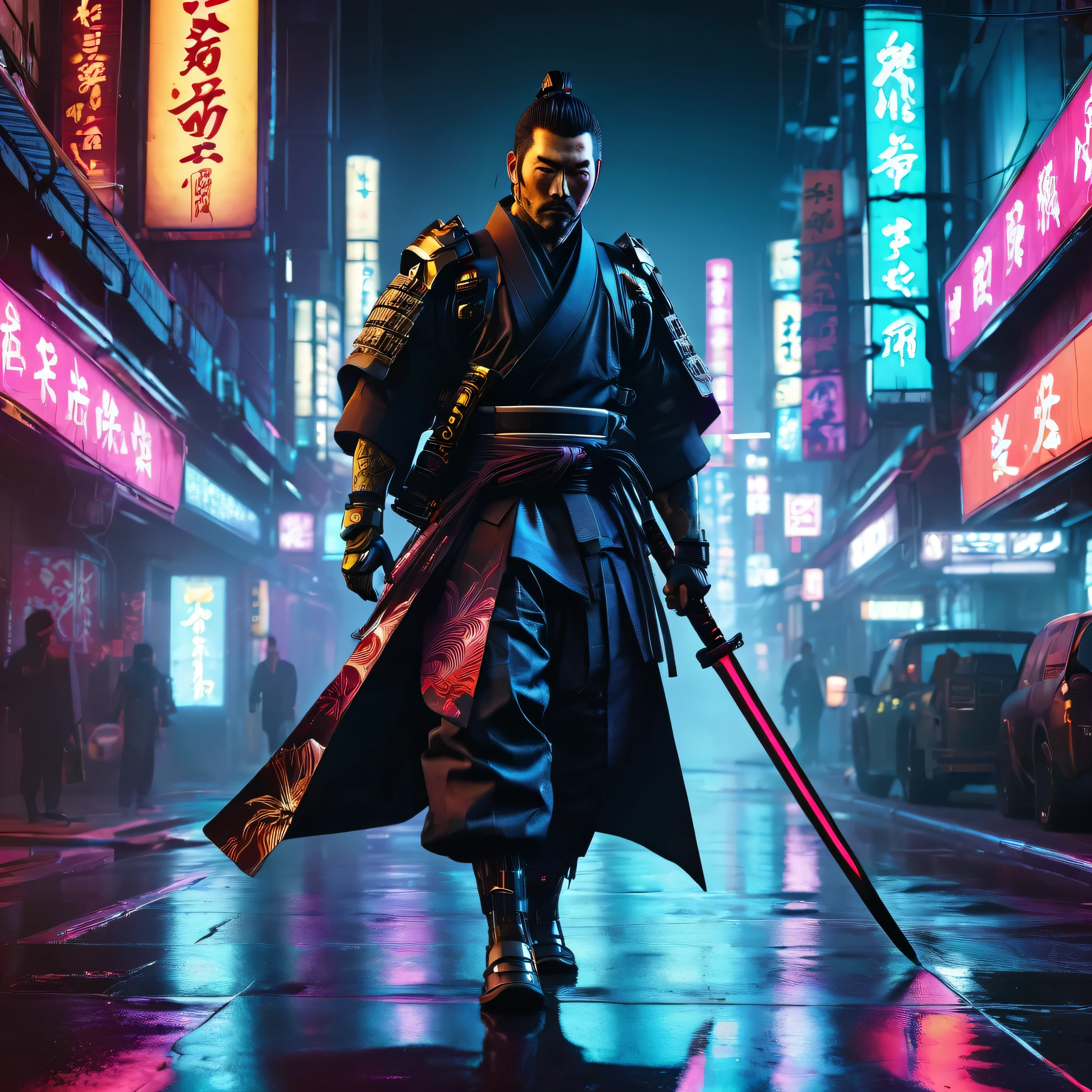 A cybernetically enhanced ronin wandering through the dark underworld of a cyberpunk Yakuza syndicate, clad in a blend of traditional hakama pants and modern armor, wielding a plasma-infused katana, carving a path through neon-lit shadows. The voices of a digitized underworld echo through the bustling streets, where honor and corruption collide in this cyber-augmented feudal landscape, (best quality,4k,8k,highres,masterpiece:1.2),ultra-detailed,(realistic,photorealistic,photo-realistic:1.37),cinematic lighting, dramatic shadows, intricate details, highly saturated colors, moody atmosphere, dystopian cyberpunk, intricate mechanical enhancements, samurai, futuristic, dark fantasy