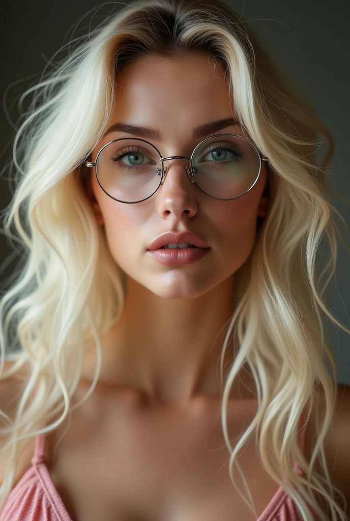 Generate images of a blonde woman, White, skinny, with very sexy round glasses, delicious. She would have to be in different sexual positions (those that girls sell on onlyfans), image has to be super realistic.