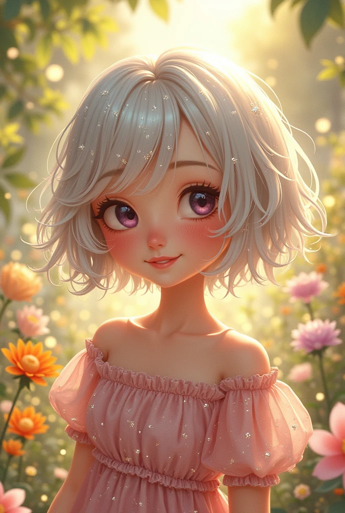 short haired alvina girl with glitter around, white haired asian girl
