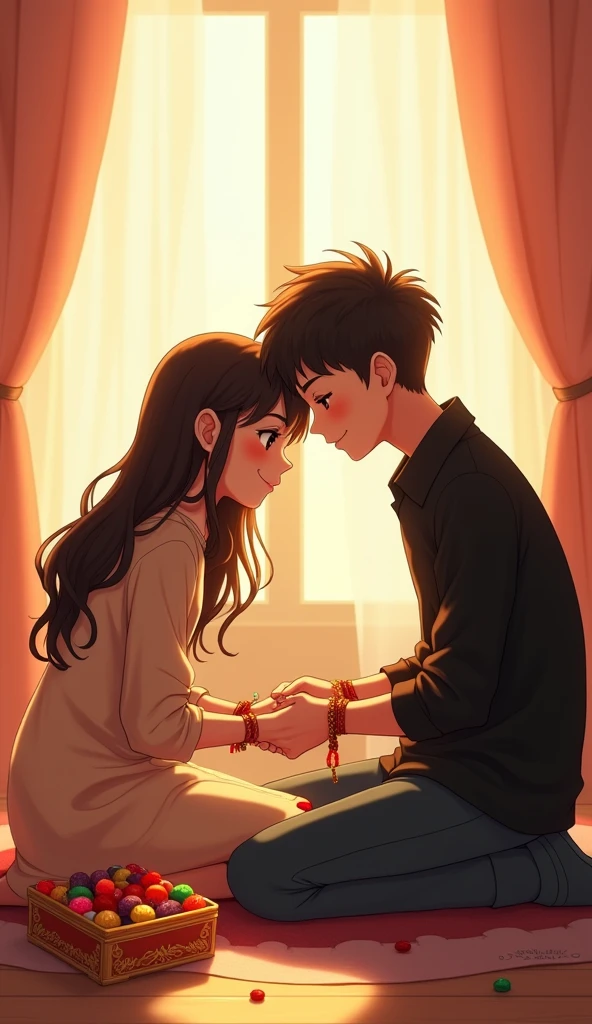 Create an image of an 21 year old anime boy and 21 year old girl during Raksha Bandhan. The sister, a cheerful girl with long hair, is tying a rakhi on her brother's wrist with a tender smile. The brother, dressed in a modern black shirt, looks at her with affection. They are seated in a cozy room, with soft sunlight streaming in, capturing the warmth and love of their sibling bond on this special day. A small box of sweets lies beside them, adding to the festive atmosphere.