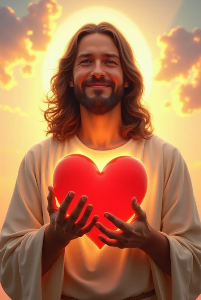 Wonderful Jesus Christ with a smile on his face, holding a red heart in his hands