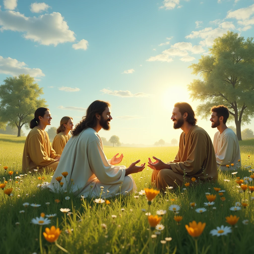 Jesus sitting in a circle with his disciples, in a serene and peaceful natural environment. The setting is a grassy field with scattered trees, wildflowers all around and a clear blue sky with some soft clouds. The sunlight is soft, radiating a feeling of warmth and tranquility. Jesus is smiling gently, with a calm countenance, while the disciples, sitting around you, are attentive and relaxed, in friendly postures. The scene exudes an aura of peace, spirituality and harmony with nature.