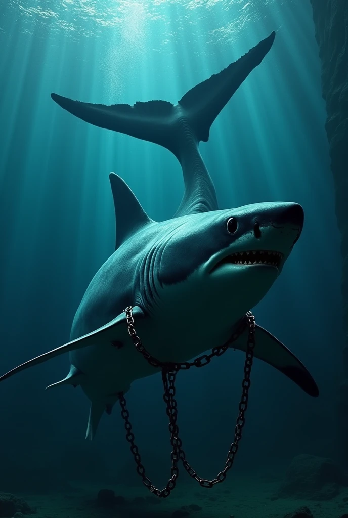 shark Giant tail fin Giant tail Big tail fin Tail large sharkの足を鎖で縛って Tie the chain to the tip of the tail Tie the chain to the tip of the tail fin Show me everything overall That's the upper body.、With chains around his lower body