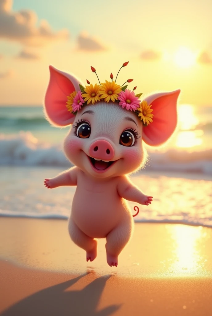A cute piglet dancing on the beach, beautiful detailed eyes, beautiful detailed lips, extremely detailed eyes and face, long eyelashes, piglet wearing a flower crown, piglet dancing with joy, vibrant colors, dynamic movement, serene ocean backdrop, golden sunset lighting, cinematic composition, (best quality,4k,8k,highres,masterpiece:1.2),ultra-detailed,(realistic,photorealistic,photo-realistic:1.37),vivid colors,studio lighting