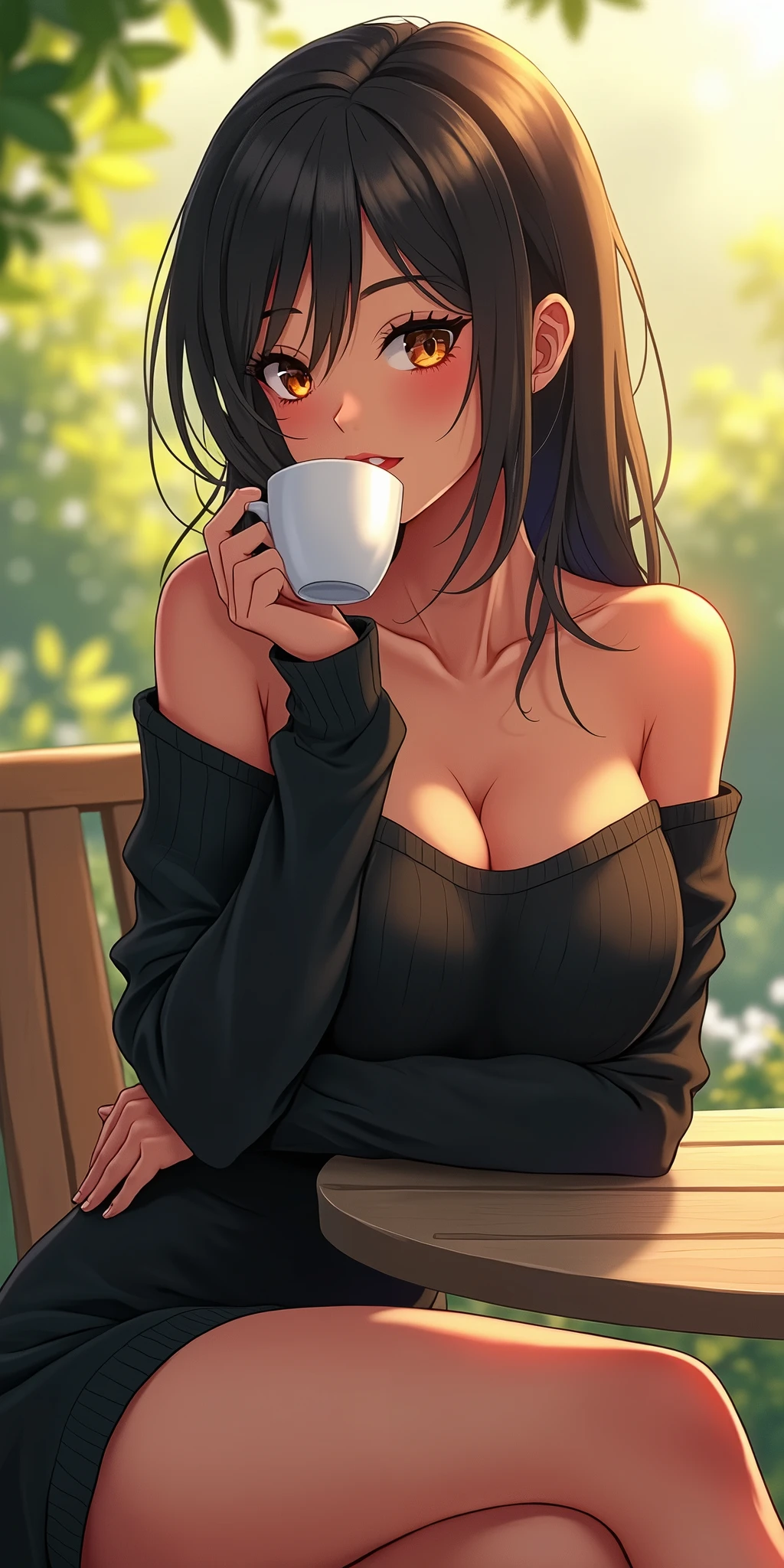 (best quality, ultra-detailed, photorealistic: 1.39), bright and vibrant colors, studio lighting, romantic expression, An effeminate girl, with a delicate and beautiful face. a beautiful dark skin tanned woman, with medium breasts, wearing a black strapless sweater, long sleeves, short sweater dress, she is in the garden, drinking tea, table and chair, in the sun, she is sitting in a beautiful pose showing her love, she is in love, anime style, Anime Bishoujo