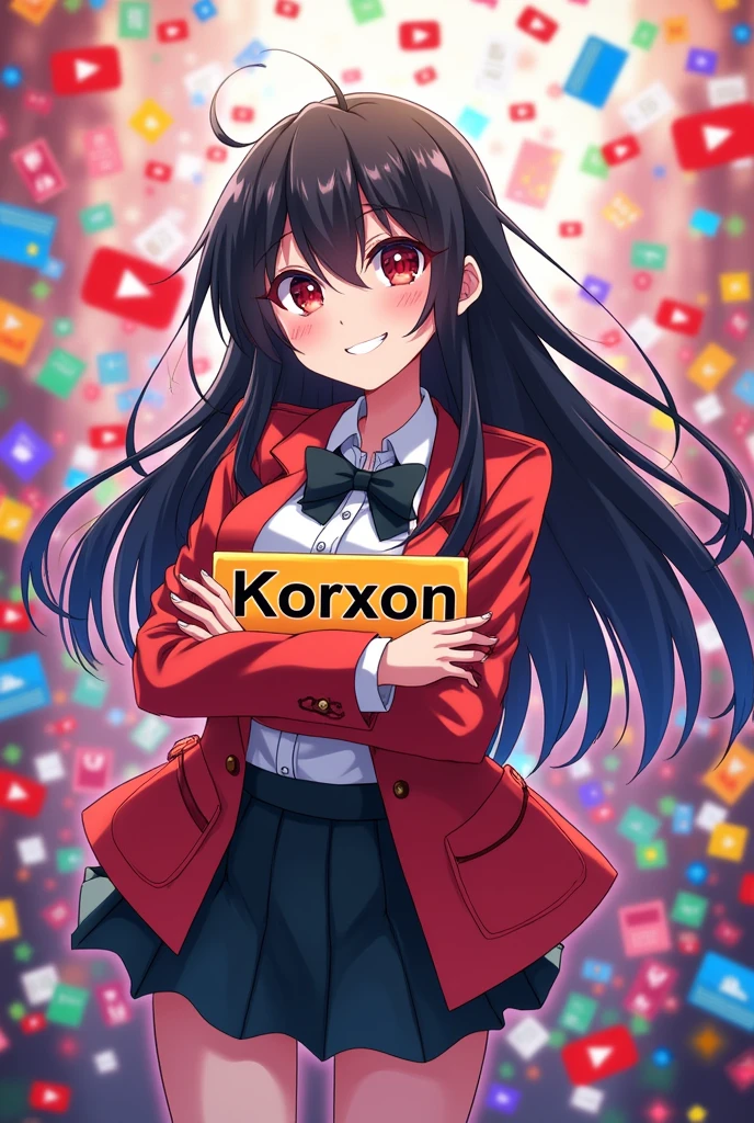 Satanichia del anime Gabriel Dropout, holding a nameplate with the name Korxon.
With a YouTube and social media background.