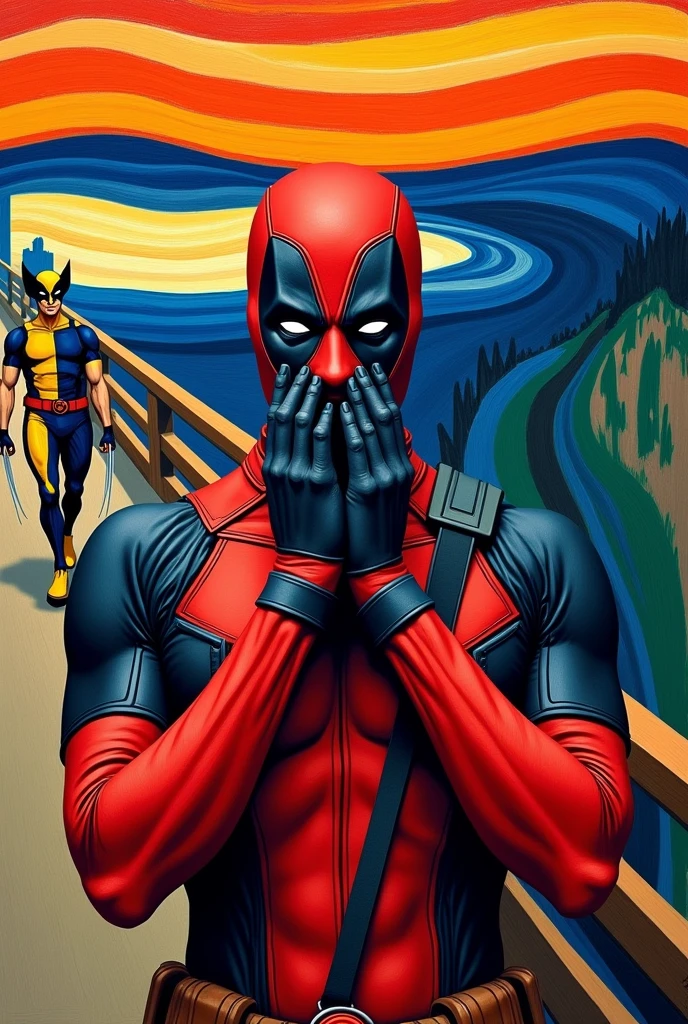 Recreates the painting The Scream by Edvard Munch using Deadpool with his hands on his face and his mouth closed in the foreground replacing the character who screams in the original painting and in the background Wolverine dressed in his blue and yellow suit walking instead of the people in the original painting