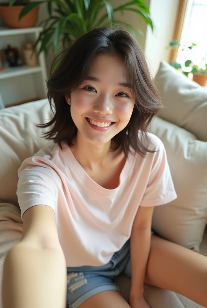 A selfie-style image of a young, fair-skinned Japanese woman wearing a loose-fitting T-shirt and sitting on a sofa.。I'm wearing shorts underneath。