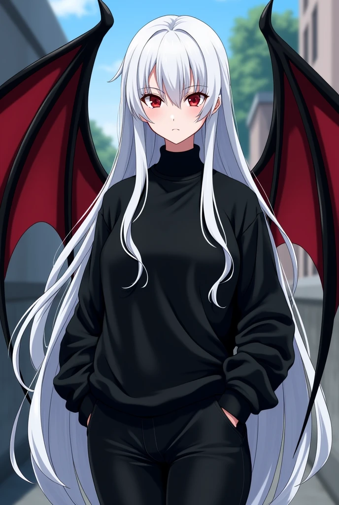 Character's Name: Kizuro
Age:
Height: 1 meter and 75 centimeters
Weight: 60kg
Skin color: Pale
Eye color and shape: Sharp red eyes with slight eyeliner on the corner
Hair color and format: White hair that reaches down to the feet and is parted in a fringe that covers her left eye
Extremely feminine face
Black bat wings with red interior on the back
Clothing: Kizuro wears a long-sleeved black blouse with a turtleneck, a black sweatshirt on top, slightly loose black pants that go all the way down, but they are just black sneakers with black soles and laces
Anime style art