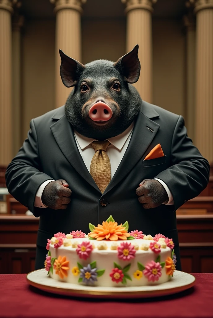 A very angry and corrupt black pig in a formal suit looking at a cake and wanting to eat it, but they don't eat, all inside the Guatemalan congress 