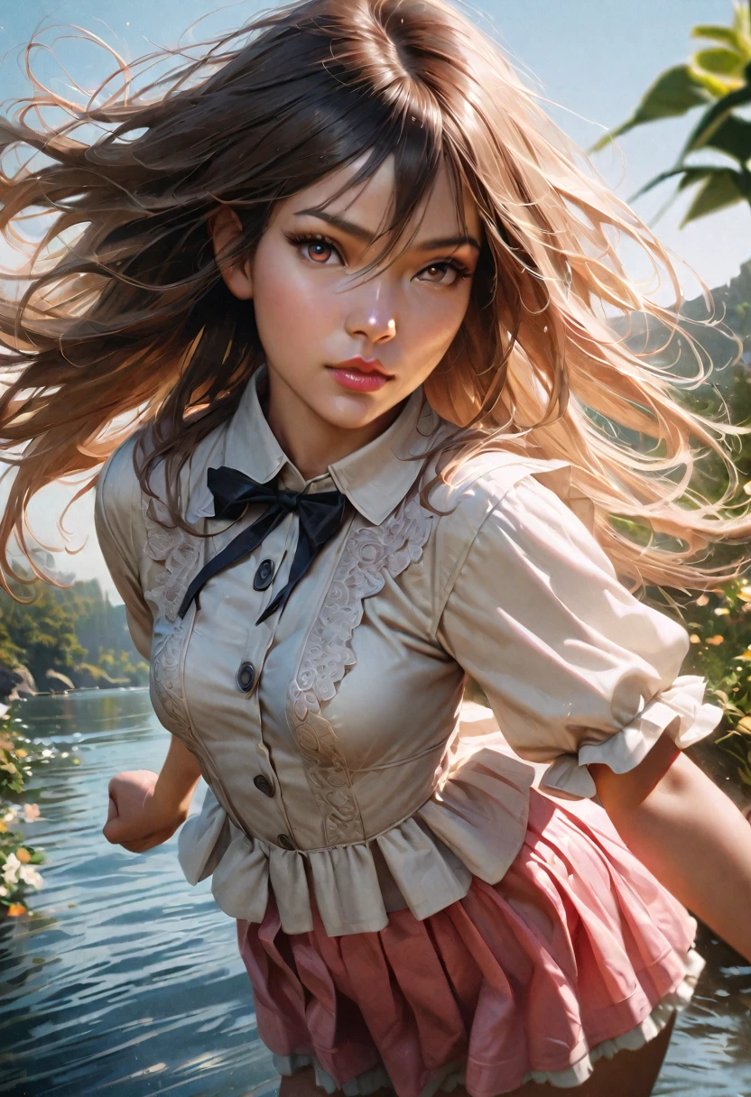 a beautiful young woman with flowing hair, wearing a frilled dress, standing in a lush garden, (best quality,4k,8k,highres,masterpiece:1.2),ultra-detailed,(realistic,photorealistic,photo-realistic:1.37), long eyelashes, beautiful detailed eyes, beautiful detailed lips, extremely detailed face, disheveled hair, frill dress, 1 girl, alone, rear view sex, (((focus on butt))), lipstick, dynamic angle, big puffy sleeves, floating, beautiful detailed sky, beautiful detailed water, beautiful intricate eyes, exposed, (fist), expressionless, side bangs, hair between eyes, ribbon, bow tie, buttons, off the shoulder, (((small breasts))), detailed wet clothing, slack-jawed expression, pleated skirt, flowers