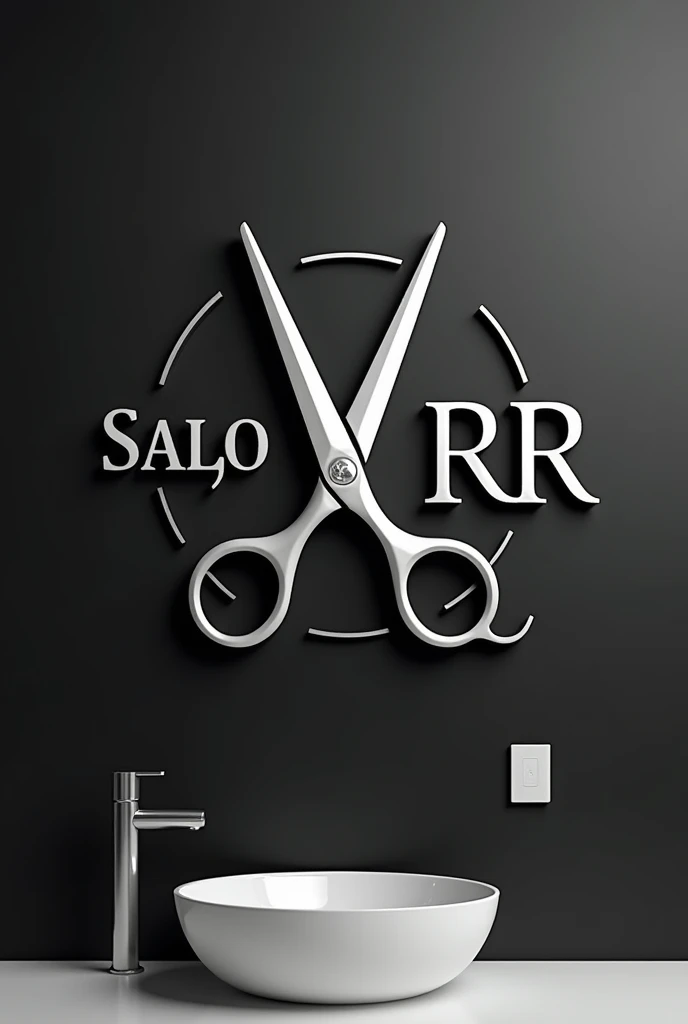 Create 3D logo "SALÃO RR" with washbasin designs and scissors designs, black and white image