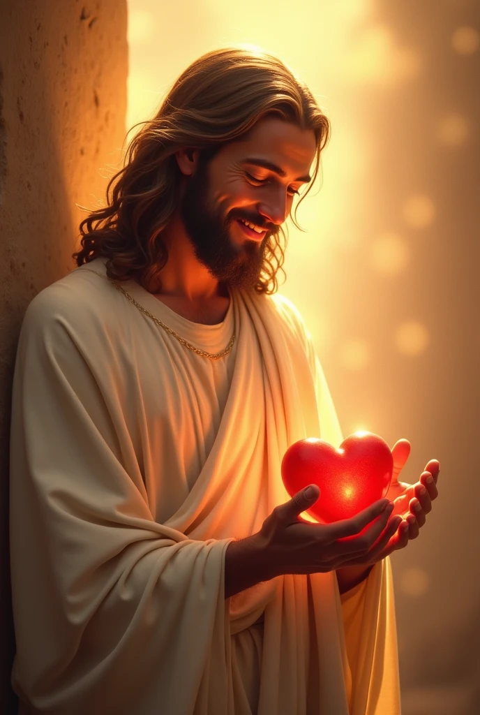 Wonderful Jesus Christ with a smile on his face, holding a red heart in his hands