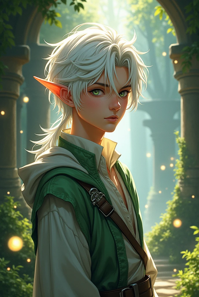 anime portrait of a young man with white hair, with fairy light orbs flying around him, a portrait of a male half-elf, fantasy male portrait, a portrait of an elf, portrait of an elf, dnd character art portrait, portrait of an elven warrior, retrato de arte de personagem, detailed portrait of the character, portrait dnd, portrait dnd, a male half-elf, detailed matte fantasy portrait, portrait of a dnd character
