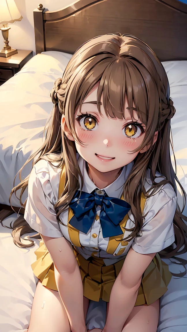 Minami Kotori, long hair, (((light brown hair: 1.5))), (yellow eyes: 1.3), green hair ribbon, one side up, blue checked skirt, school uniform, navy blue jacket, blazer, winter school uniform, Otonokizaka Academy school uniform, ---- ((Top view 1.3))),((Top view of lying down 1.3))), ((Lying on bed with legs spread wide))), (Wet genitals 1.2), (((Best smile 1.3))), (((Lying on back 1.3))), ((Lying on bed 1.3))), (Cute expression), ((Blushing and shy expression 1.3)), --(8K, Raw, Highest quality, Real 1.2), Ultra High Quality, High Resolution, Top Quality, Perfect Face, Perfect Limbs, Perfect Fingers, High Resolution, (Beautiful Anime Face, Cute Face, Detailed Face), Joyful Smile, Smiling Expression, Lying on Bed, Cowboy Shot, Miniature Human Hands, (((small Bust 1.3))), (((Thin Thighs 1.3))), Pure White Chalk Interior, Pure White Marble Interior, ((Pure White Bedroom Like Western Castle 1.5)), (((Luxurious Pure White Canopy Bed 1.4)), (((Chandelier 1.4))), ((Pure White Bed 1.5)), ((Beautifully Decorated Bedroom 1.5)), ((Modern Style Bedroom 1.5 )), perfect anatomy, perfect proportions, nice lighting, bright colors, clean lines, information, blurred, stunning facial expressions, restless emotions, gorgeous and cute, beautiful face and eyes with every detail, (masterpiece) beautiful face, young and handsome girl, really perfect skin, blurred, facial expressions, restless emotions, gorgeous and cute, beautiful face and eyes with every detail, (Audrey Hepburn), (cute), (J-POP idol), (thighs, (depth of field), (depth of field), soft light, sparkling lens gaze, (droopy eyes), straight teeth, shy smile, fluttering hair, a scene from Blake's movie,,