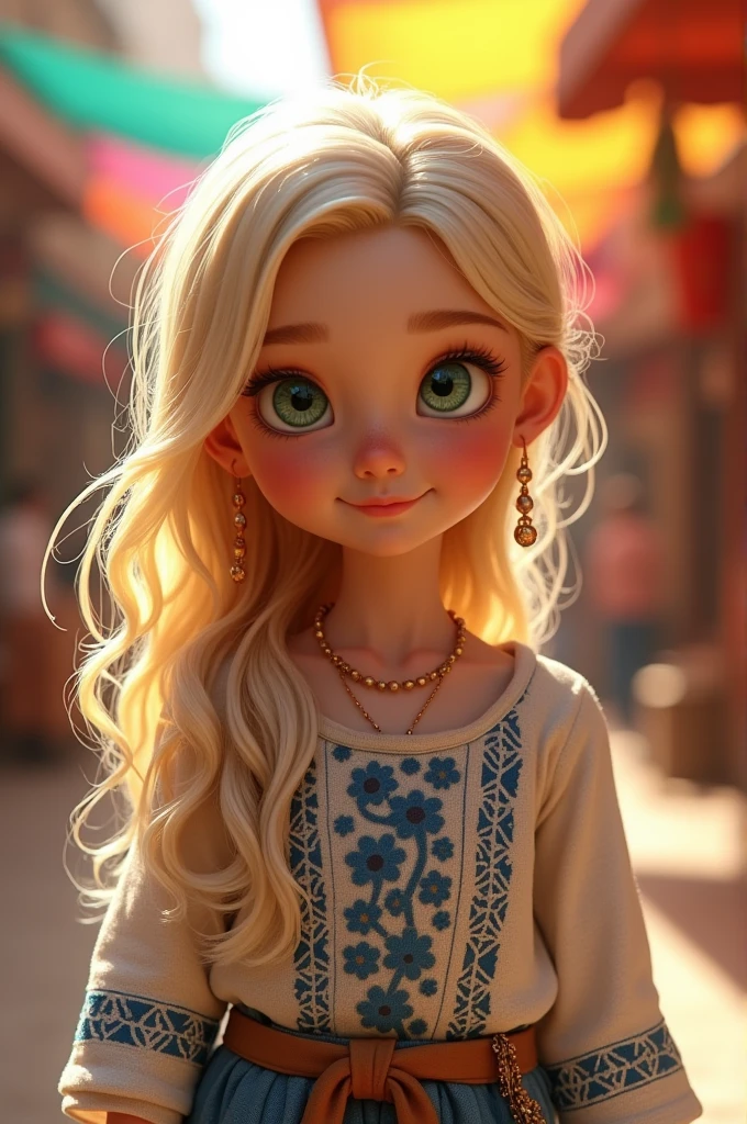 Blonde hair, 1.65 tall, slightly slanted green eyes, , wearing old Turkish clothes with blue patterns, the sweetest girl in the world.