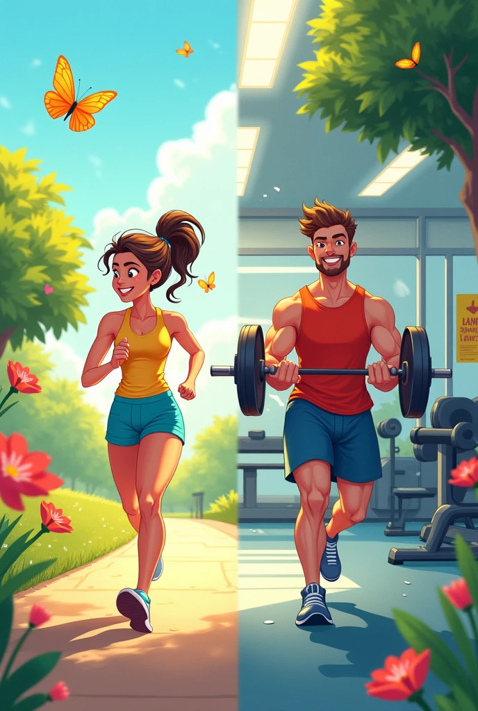 Hey, can you create a kind of animated drawing, a nice shape that represents aerobic and anaerobic exercises, one on each side, for example, a person walking and another person lifting weights?