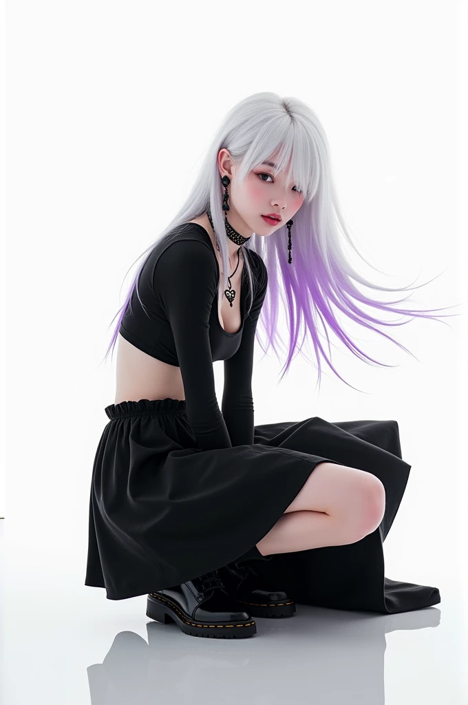 A girl with long white hair with purple streaks at the ends,she will wear a black top and a white mini top over it,a black skirt,I want her with broken heart accessories,she will wear black socks with some rips and flat black boots,She will be crouching and the background will be white ((best quality))
