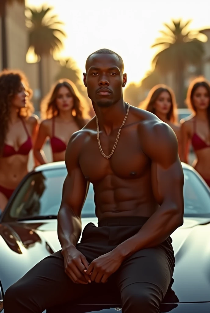 photography, handsome african male perfection, strong jawline, full lips, Roman nose, no hair, brown eyes, hyper realistic, 8k --v 4 He is sitting on a beautiful sports car, and there are several very sexy women approaching him! They are wearing very short clothes and have perfect bodies, with the image quality being extremely realistic in 4K and 8K resolution