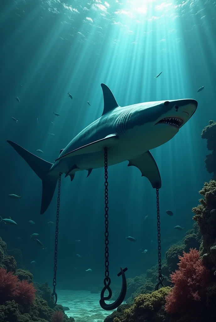 shark Giant tail fin Giant tail Big tail fin Tail large sharkの足を鎖で縛って Tie the chain to the tip of the tail Tie the chain to the tip of the tail fin