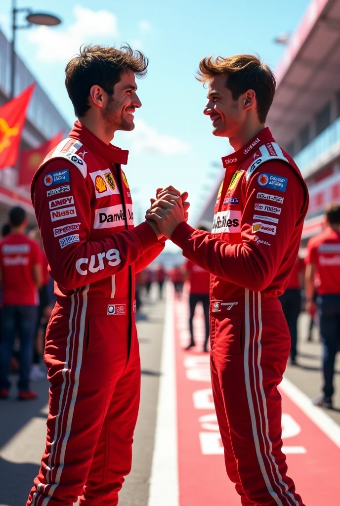 Carlos Sainz Jr. is holding Charles Leclerc's hand.