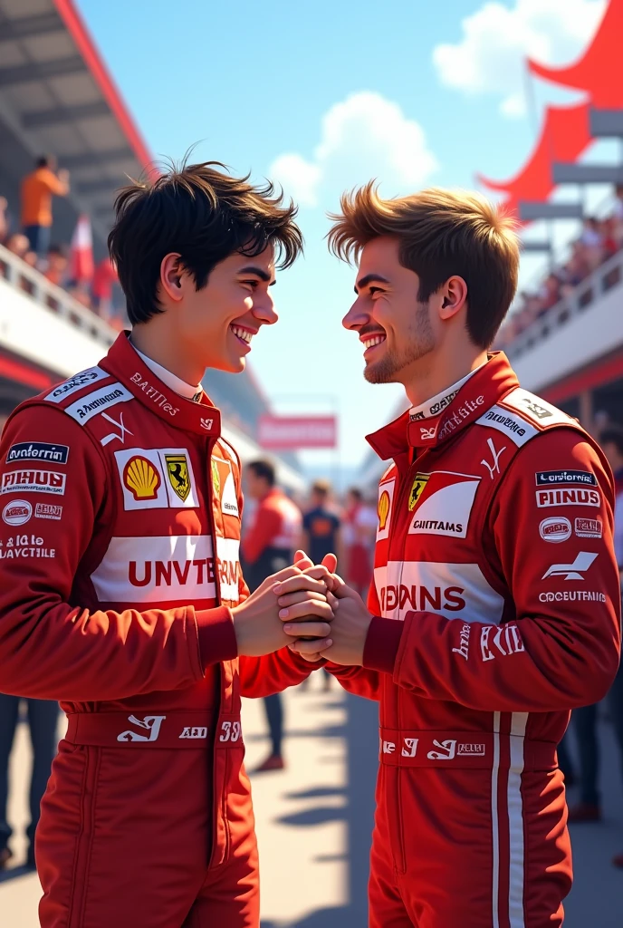 Carlos Sainz Jr. is holding Charles Leclerc's hand.