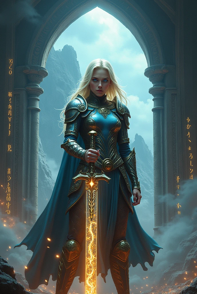 Young blonde warrior woman of the most dangerous race in the universe, standing in front of A temple defending it from an attack.