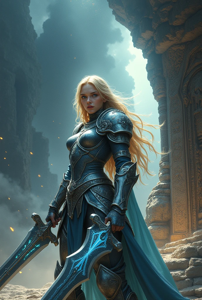 Young blonde warrior woman of the most dangerous race in the universe, standing in front of A temple defending it from an attack.