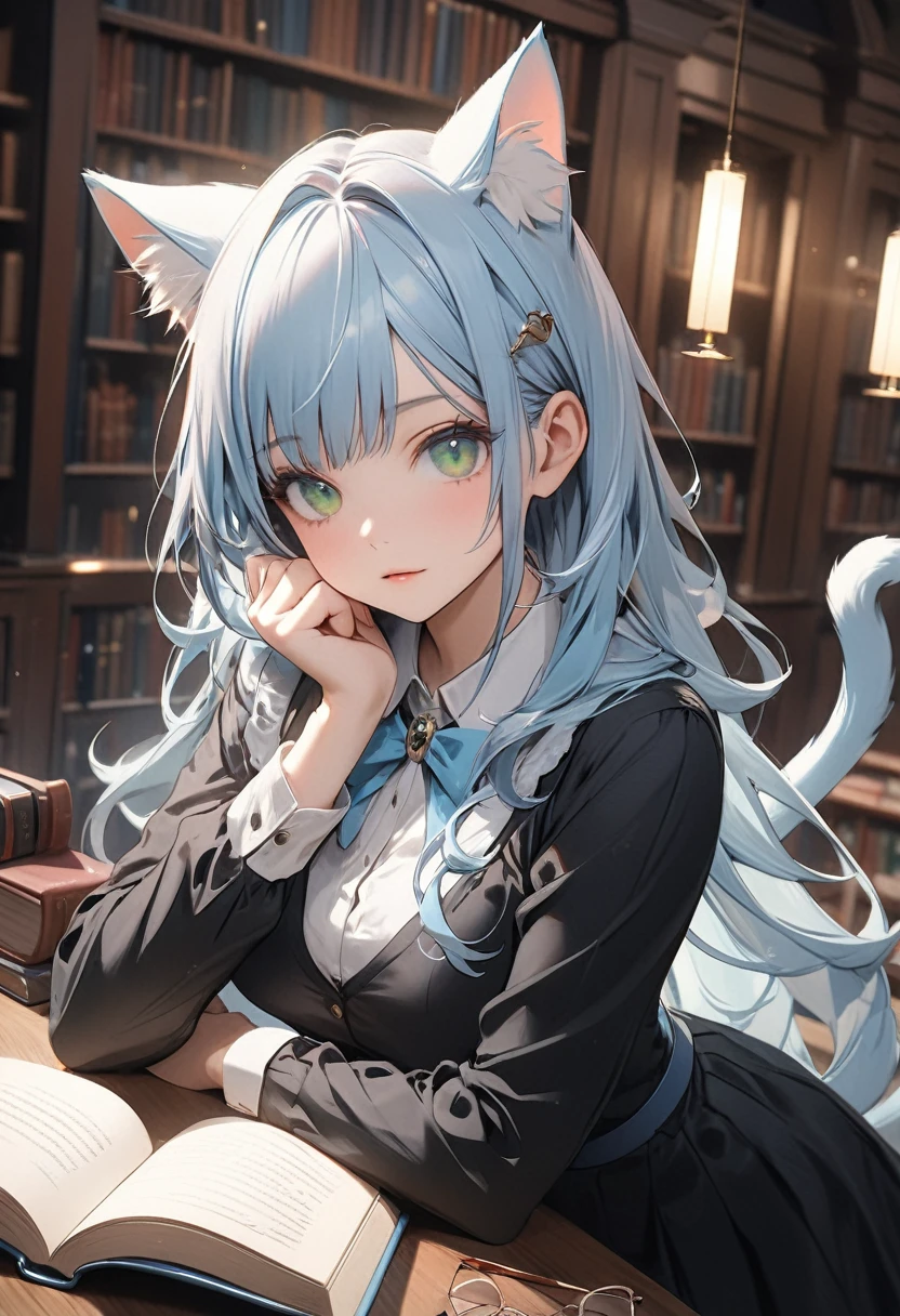 masterpiece, best quality, ultra-detailed, 4K, 8K, best quality, beautiful, pretty woman, solo, (((librarian))),(((beautiful light blue hair)), beautiful green eyes, beautiful eyes, (long hair, cat ears)),(bewitching pose)
