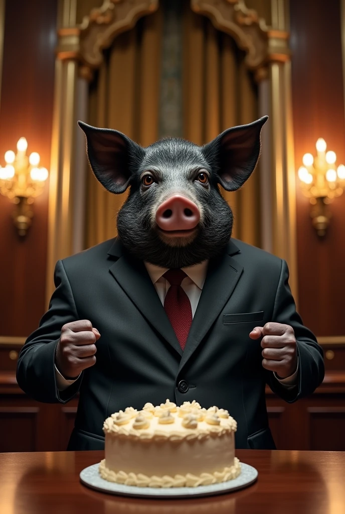 A very angry and corrupt black pig in a formal suit looking at a cake and wanting to eat it, but they don't eat, all inside the Guatemalan congress