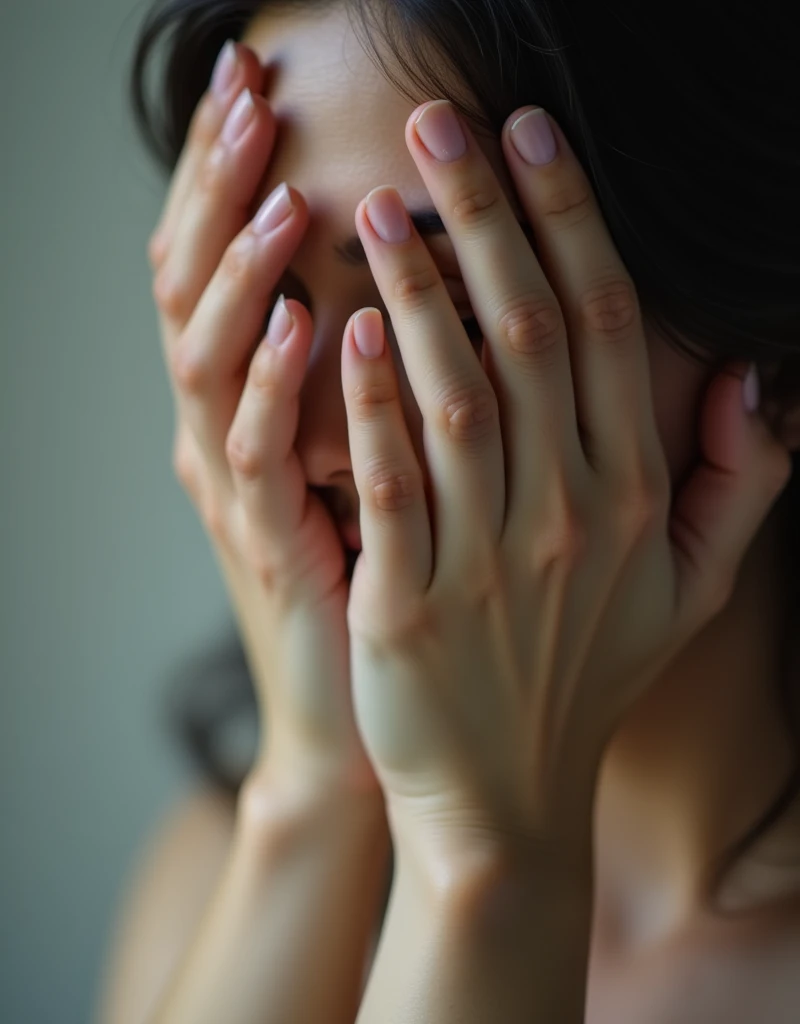 Hands close-up、Hiding face with hands