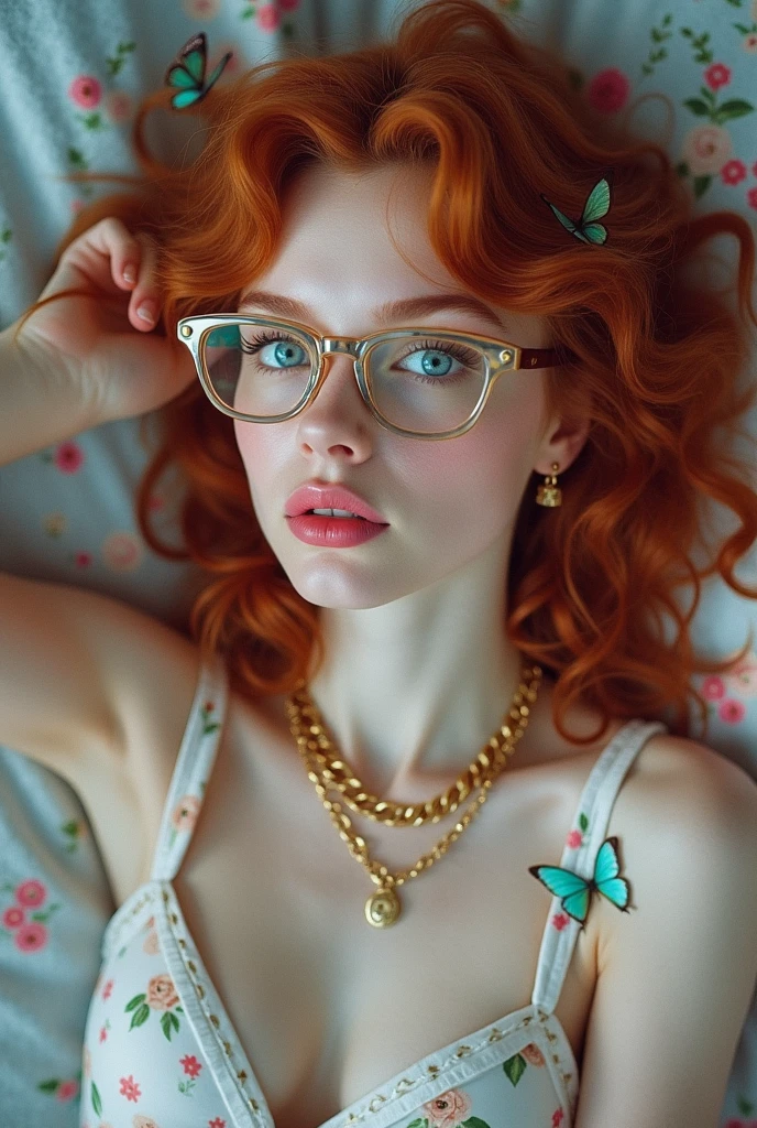**Analog photography of a redhead girl, 18 years old, with blue eyes, soft makeup, and bold pink puffy lips. Her curly hair frames her very pale skin, highlighting her huge round breasts, she is dressed in a lingerie-set, and gold-wide chains. Oversized eyeglasses(that frame her face), and wears platform-heels on feet.** She is captured on a cute print-blanket, (her mouth is slightly open, her lips almost touching her shoulder), Ethereal atmosphere, The fine art style, attention to details and soft pastel color palette creates a narrative that's both enchanting and delightful. Second Exposure: An overlay of a BUTTERFLIES Description: ((The double exposure creates a magical blend where the girl appears to be part of the natural BUTTERFLIES flowers-symbolizing the harmony between humanity and nature. The Chemistry-print background give the image a scientific-like quality)). ((from the above view)). (((in a NEON pink/INDIGO colors palette theme))) ((CLOSE UP SHOT, WITH HER BOLD PINK LIPS)), ((FROM THE ABOVE VIEW))
