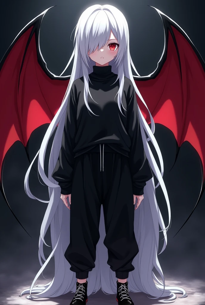 Character's Name: Kizuro
Age:
Height: 1 meter and 75 centimeters
Weight: 60kg
Skin color: Pale
Eye color and shape: Sharp red eyes with slight eyeliner on the corner
Hair color and format: White hair that reaches down to the feet and is parted in a fringe that covers her left eye
Extremely feminine face
Black bat wings with red interior on the back
Clothing: Kizuro wears a long-sleeved black blouse with a turtleneck, a black sweatshirt on top, slightly loose black pants that go all the way down, but they are no more than black sneakers with black soles and laces
Art in anime style Demon Slayer Kimetsu no Yaiba
