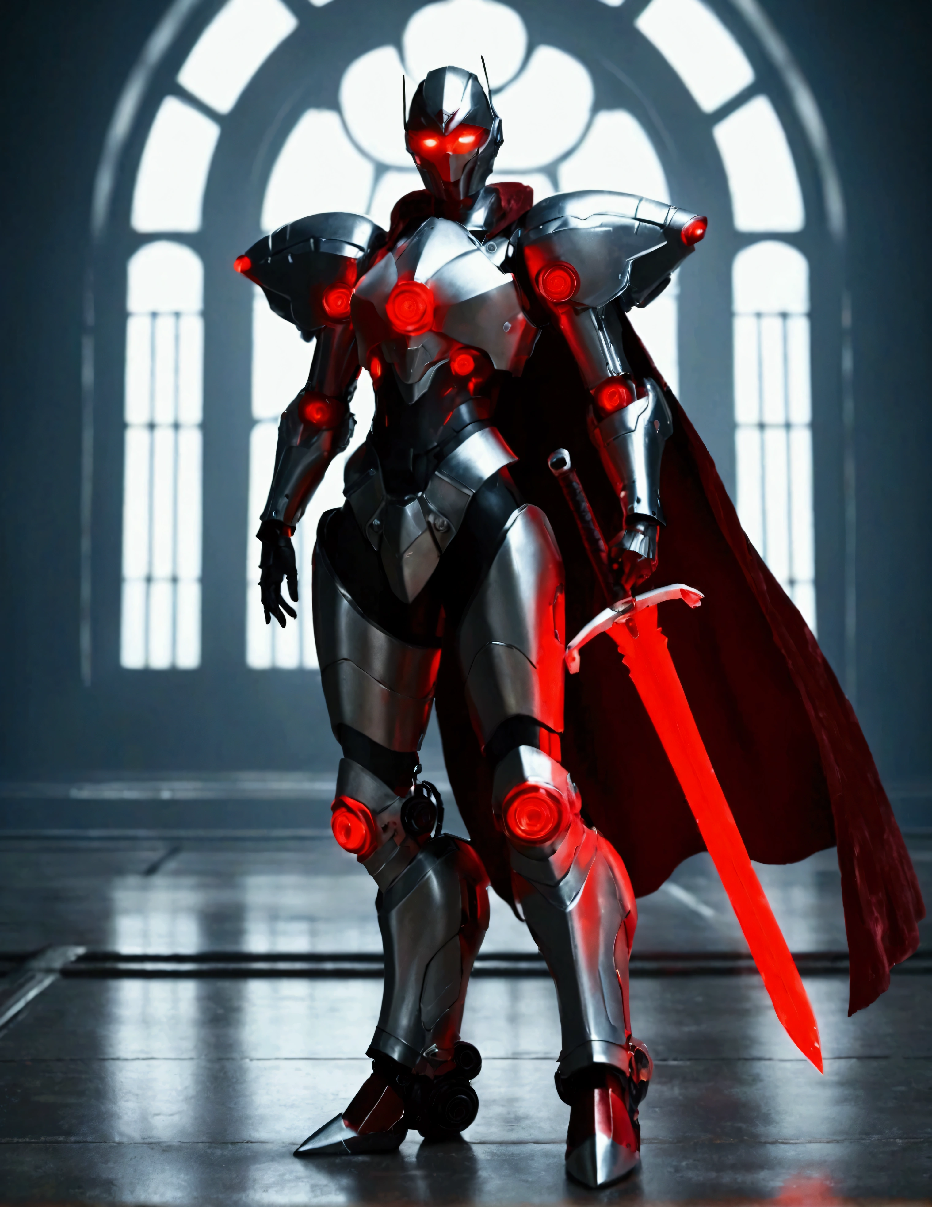 Image depicts a futuristic, armored robot standing in a grand, industrial-style hall with high ceilings and large windows. The robot is predominantly metallic silver with glowing red accents and intricate detailing. It has a humanoid form with a helmet featuring sharp, angular designs and glowing red eyes. The robot holds a large, glowing red sword in its right hand, and a red cape drapes from its shoulders. The background shows a spacious, dimly lit hall with a reflective floor and industrial elements, creating a dramatic and intense atmosphere., anime, Gothic art, anatomically correct, super detail, high details, highres, 4K