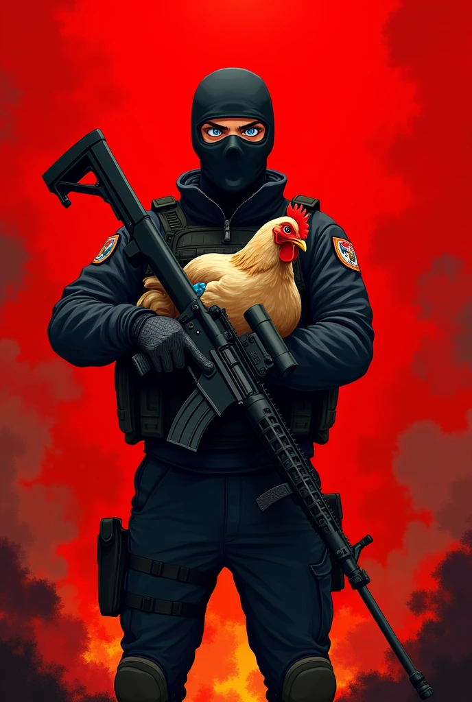 Create an image of a counter strike 2 terrorist, holding a sniper in one hand and in the other a chicken with a red background with an anime face