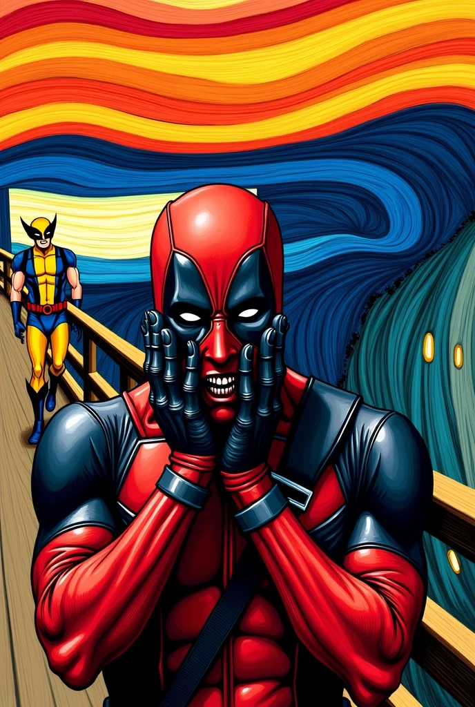 Recreate Edvard Munch's painting 'The Scream' using Deadpool with his hands over his face and his mouth closed in the foreground, replacing the screaming figure in the original painting. In the background, Wolverine, wearing his blue and yellow X-Men costume, walks instead of the people in the original painting.