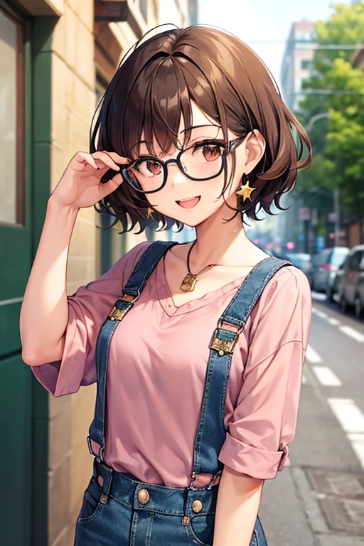 1girl, short curly hair, brown hair, brown eyes, glasses, open mouth, smiling, metal braces, star earrings, denim blue overalls, green top, pink sneakers, 