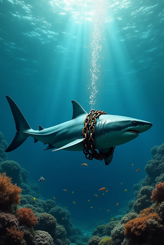 shark Giant tail fin Giant tail Big tail fin Tail large sharkの尾びれを鎖で縛って Chaining is done by the tail The chain is tied to the tail fin.