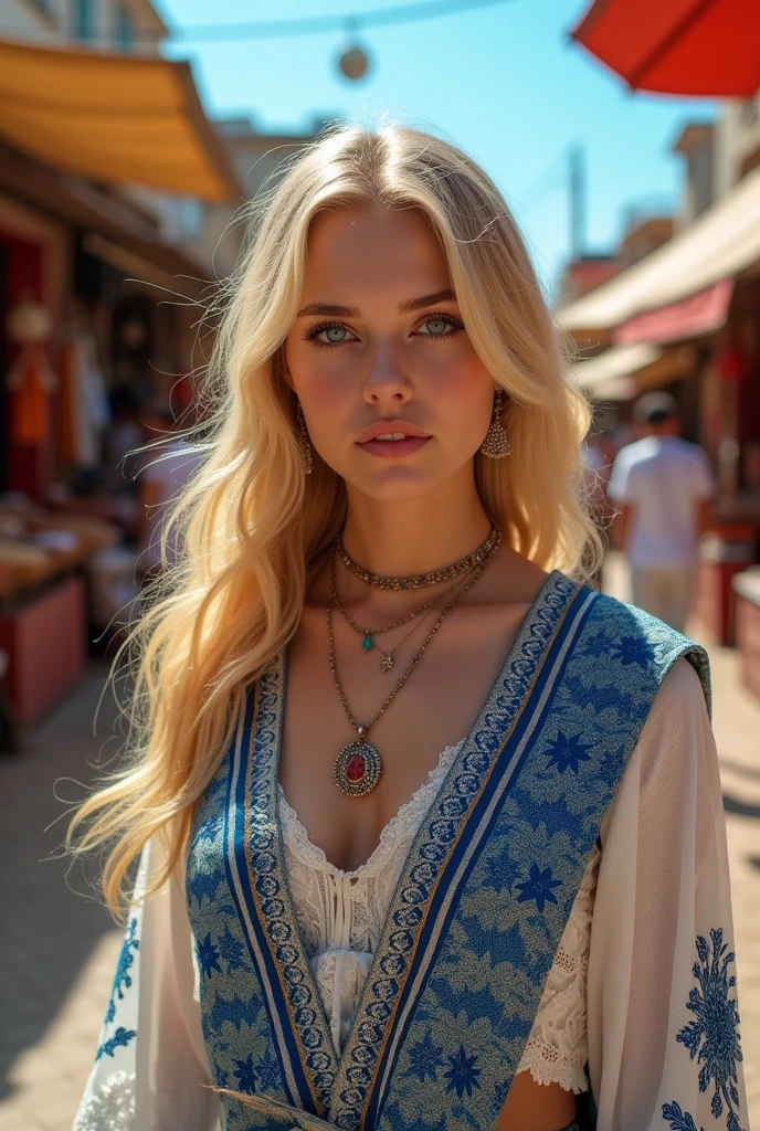 Blonde hair, 1.65 tall, slightly slanted green eyes, , wearing old Turkish clothes with blue patterns, the beautiful grill