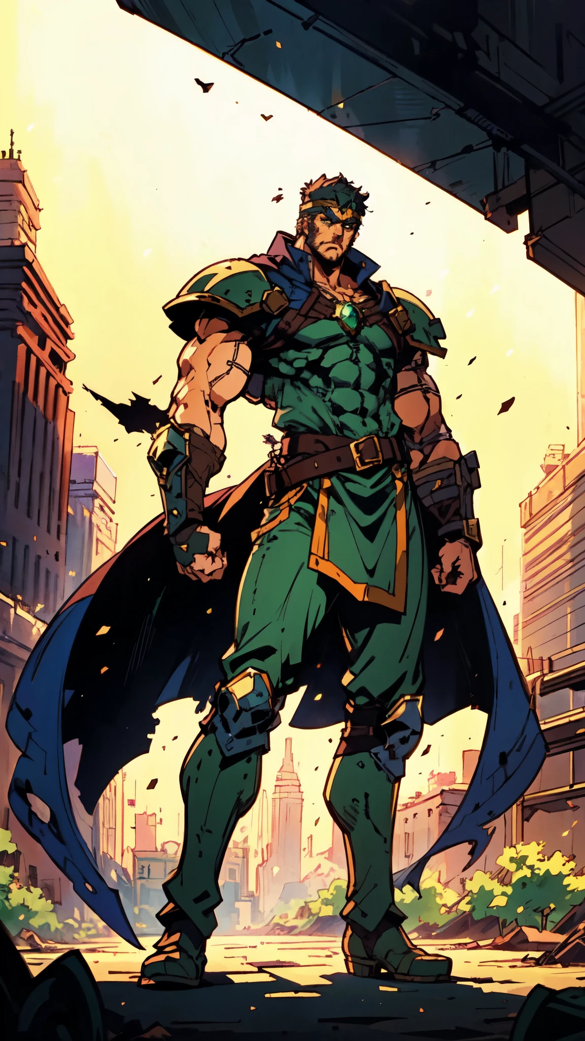 (masterpiece:1.2, best quality:1.2, extremely delicate:1.2), ((male:1.5)), a middle-aged man with short dark blue hair, a green headband tied around his forehead, sharp eyes, a heroic face, long sideburns, a long beard on his chin, a confident expression, a tall and muscular build, a fantasy-realist style short-sleeved coat, with a white and green form-fitting chest armor underneath, a flowing cape hangs from his right shoulder, heavy iron wrist guards, his belt is connected to small skirt armor plates, coarse cloth trousers, long boots that include shin guards, stands like a guardian in front of a city gate, this character embodies a finely crafted fantasy-realist style warrior in anime style, exquisite and mature manga art style, dramatic, high definition, highres, ultra-detailed, ultra-fine painting, professional, perfect body proportions, golden ratio, anatomically correct, symmetrical face, extremely detailed eyes and face, high quality eyes, creativity, RAW photo, UHD, 32k, Natural light, cinematic lighting, (masterpiece-anatomy-perfect:1.2)
