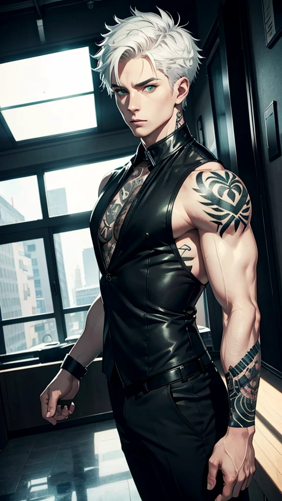 Well-built adult male, black suit dress, with short white hair, green eyes, pale skin and tattoos on arms